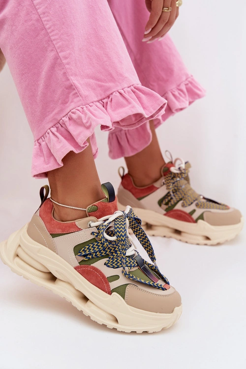 Skórzane Sneakersy Damskie Na Platformie D&A CR61-3133 Beżowe