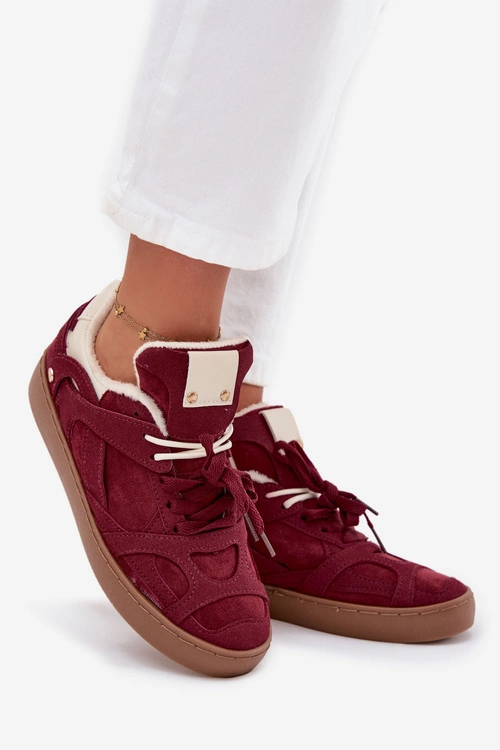 Sneakersy Damskie Na Platformie Ocieplane Futerkiem Bordowe Solvia