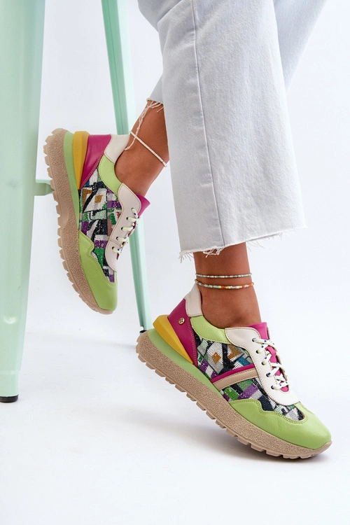 Sneakersy Damskie Skórzane Na Platformie Maciejka 06322-09 Zielono-Różowe