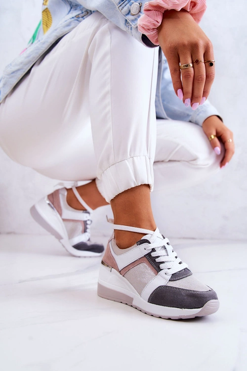 Skórzane Buty Sportowe Sneakersy Na Koturnie Srebrno-Szare Elissa
