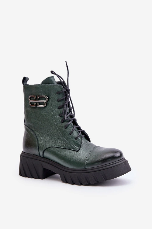 Zazoo 60486 Skórzane Botki Workery Ocieplane Ciemnozielone