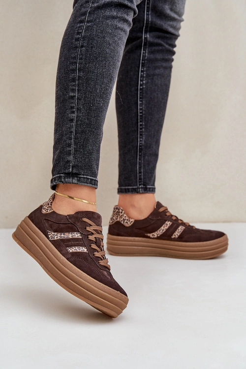 Zazoo N1176 Zamszowe Sneakersy Na Platformie Panterka Czekoladowe
