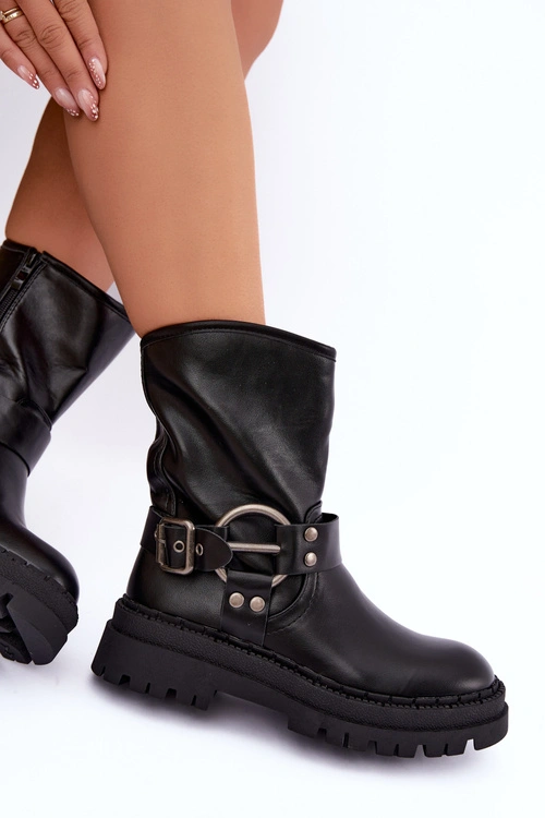 Ocieplane Botki Na Platformie Z Paskami Czarne Arienna