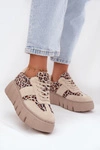 Zamszowe Ocieplane Sneakersy Damskie Na Masywnej Platformie Vinceza 66841 Panterka Beżowe