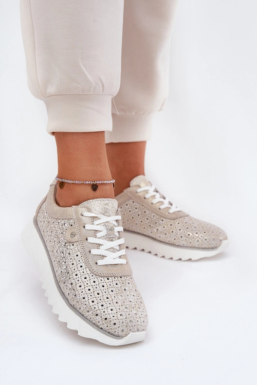 Zamszowe Ażurowe Sneakersy Na Platformie LR51-927 Złote