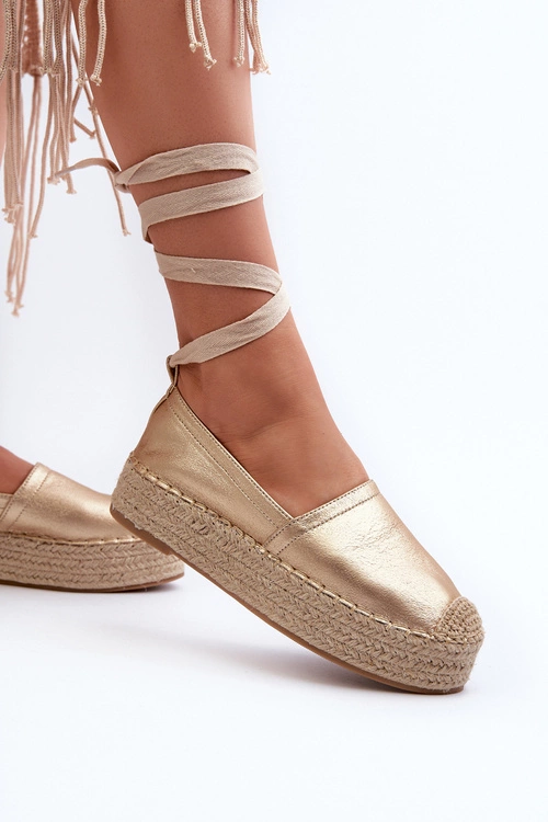 Espadryle Damskie Wiązane Na Platformie Z Plecionką Złote Tailesse