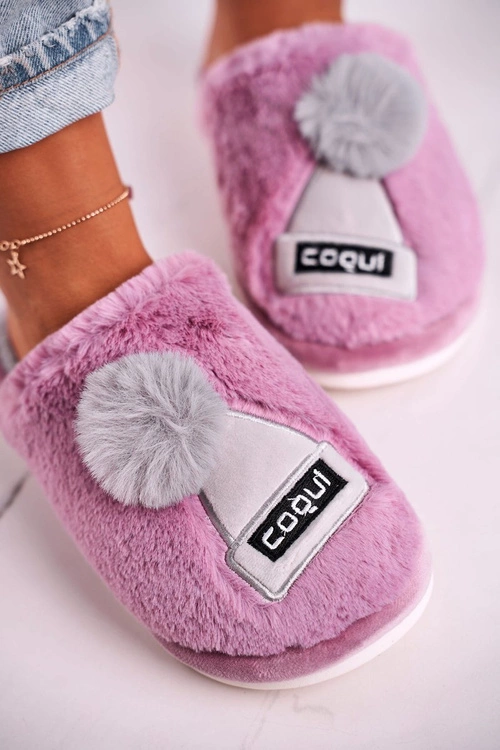 Damskie Futrzane Papcie Z Czapką I Pomponem Fioletowe Keep Warm