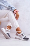 Skórzane Buty Sportowe Sneakersy Na Koturnie Srebrno-Szare Elissa