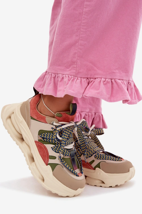 Skórzane Sneakersy Damskie Na Platformie D&A CR61-3133 Beżowe