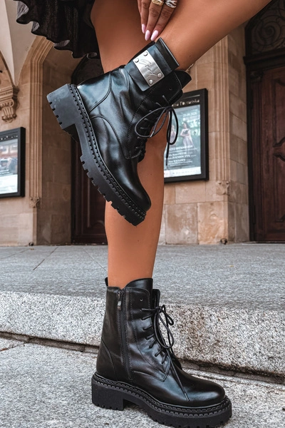Skórzane Botki Ocieplane Damskie Z Ozdobnym Detalem Zazoo 60574 Czarne