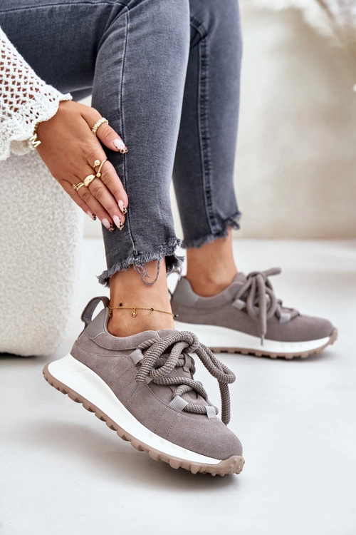 Zamszowe Sneakersy Damskie Z Grubym Sznurowaniem Artiker 54C1465 Szare
