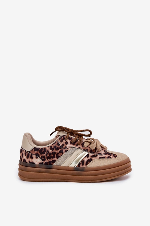 Sneakersy Damskie Na Platformie Z Podwójnym Sznurowaniem Panterka Beżowe Niteria