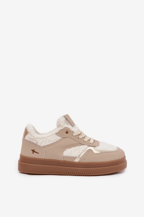 Sneakersy Damskie Na Platformie Z Futerkiem Typu Baranek Beżowe Frelina
