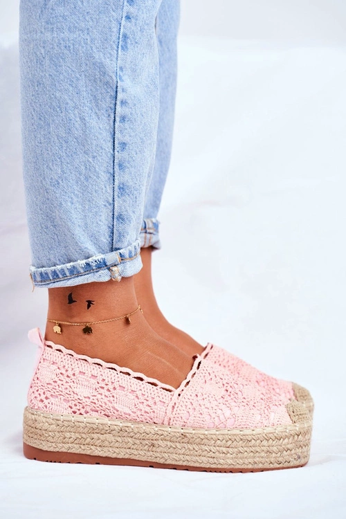 Espadryle Damskie Koronkowe Różowe Platforma Desante