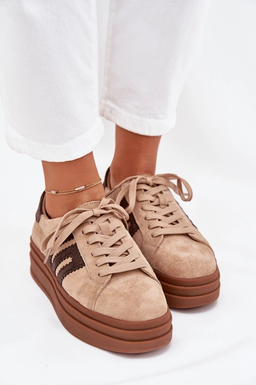 Sneakersy Damskie Na Platformie Z Naturalnego Zamszu Beżowe Eldira