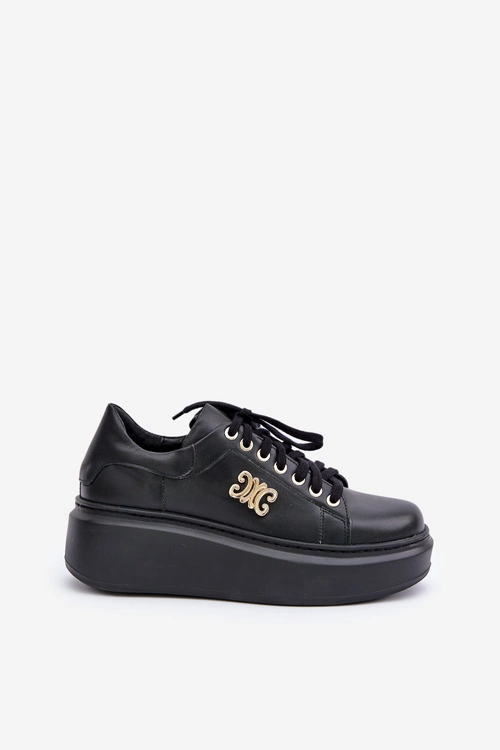 Sneakersy Ze Skóry Naturalnej Na Platformie Złota Ozdoba Lewski 3428 Czarne