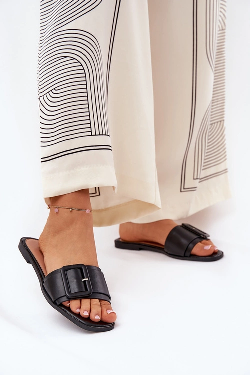 Płaskie Klapki Damskie Eko Skórzane Z Klamrą Czarne Bamma